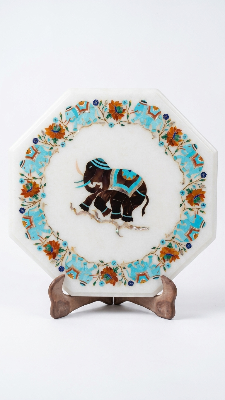 Octagonal Marble Inlay Decorative Plate With Elephant Design
