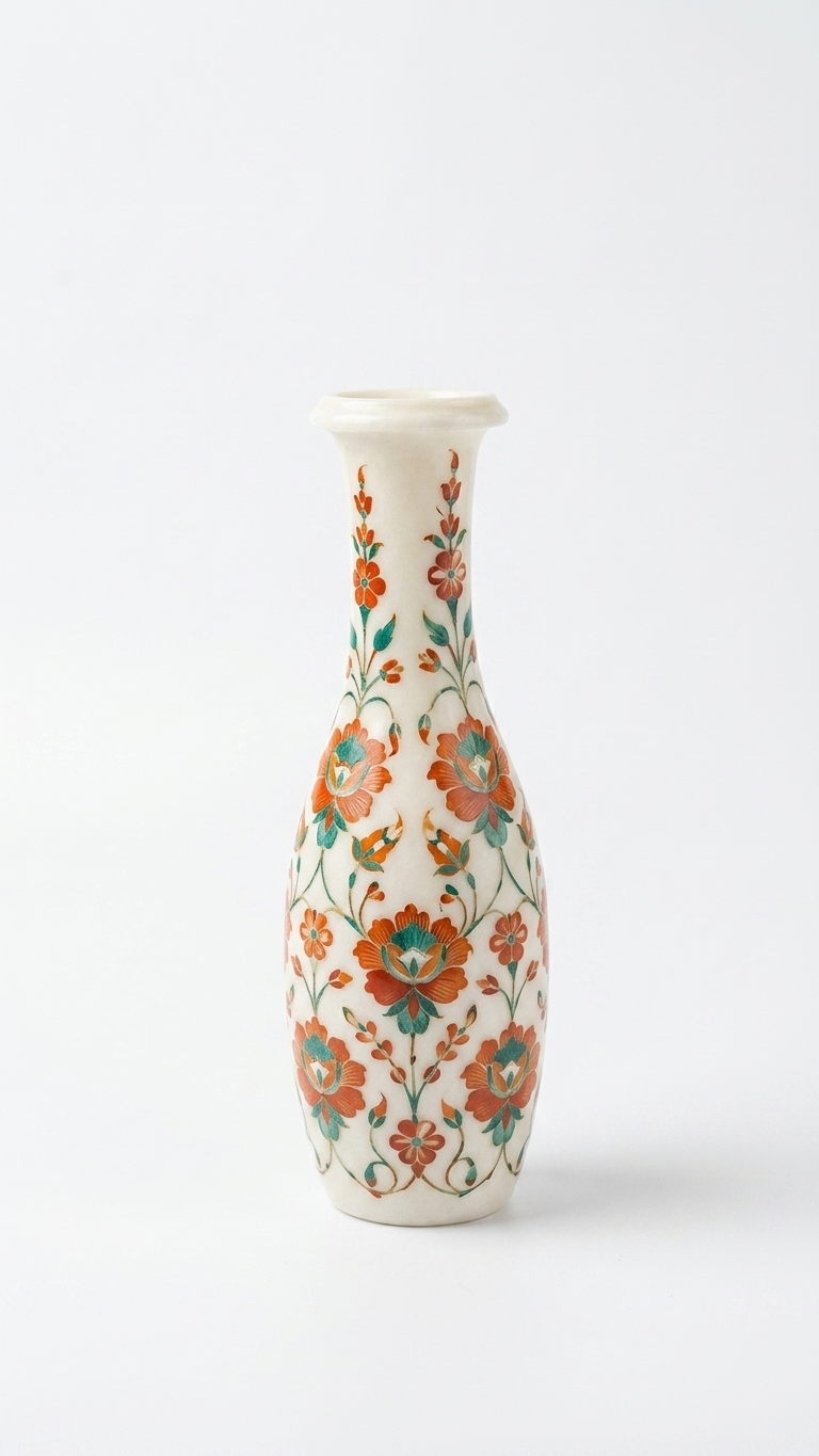Elegant Marble Inlay Vase with Floral Stone Art