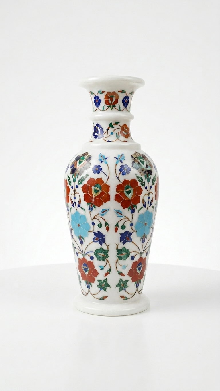 Handmade Marble Inlay Decorative Vase With Floral Design