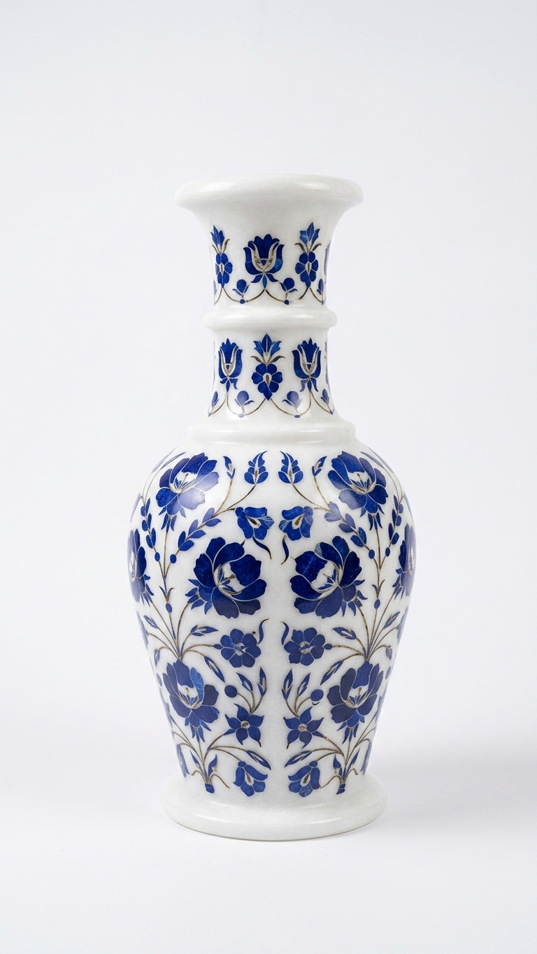 Handmade Marble Inlay Accent Vase with Floral Motif