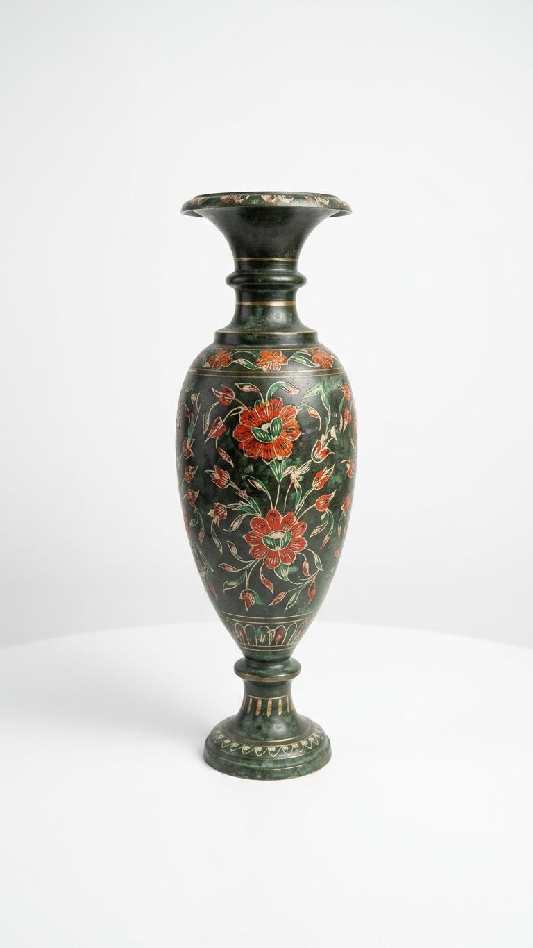 Handmade Marble Inlay Decorative Vase With Black Texture Floral Design