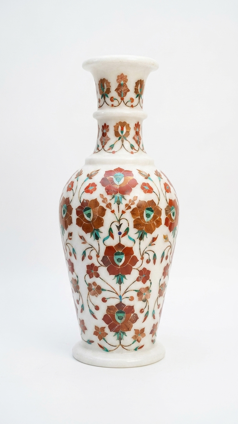 Designer Marble Inlay Decorative Vase with Floral Detailing