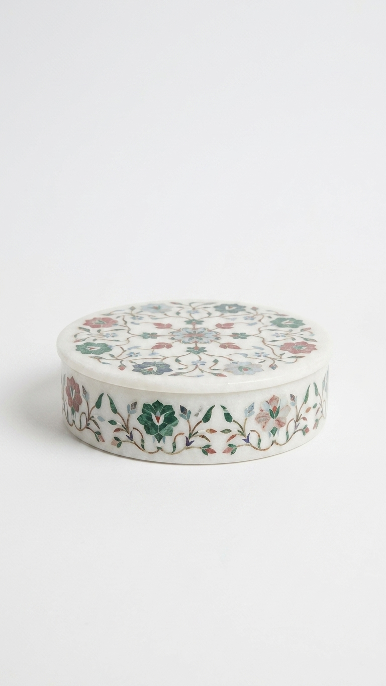 Luxury Round Marble Inlay Jewelry Box with Multicolour Floral Art Design