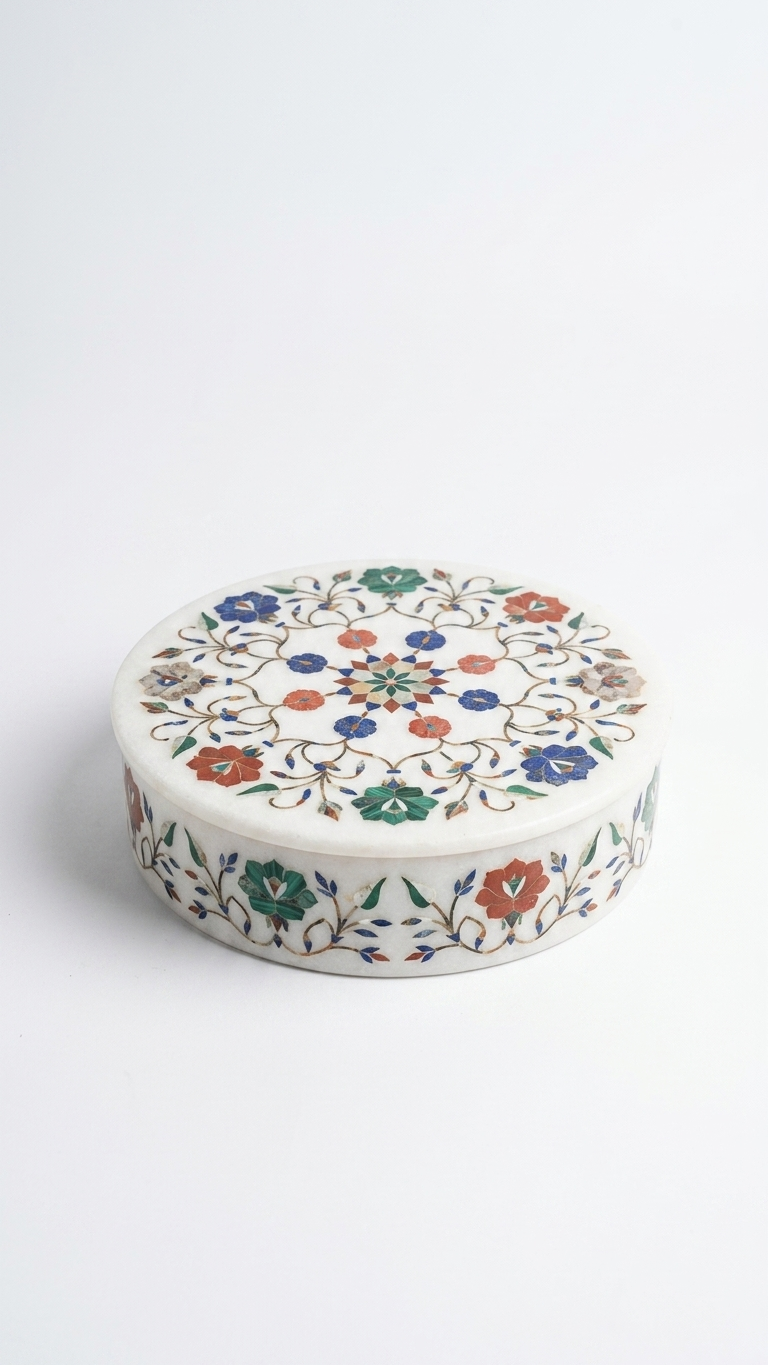 Luxury Round Marble Inlay Jewelry Box with Floral Art Design
