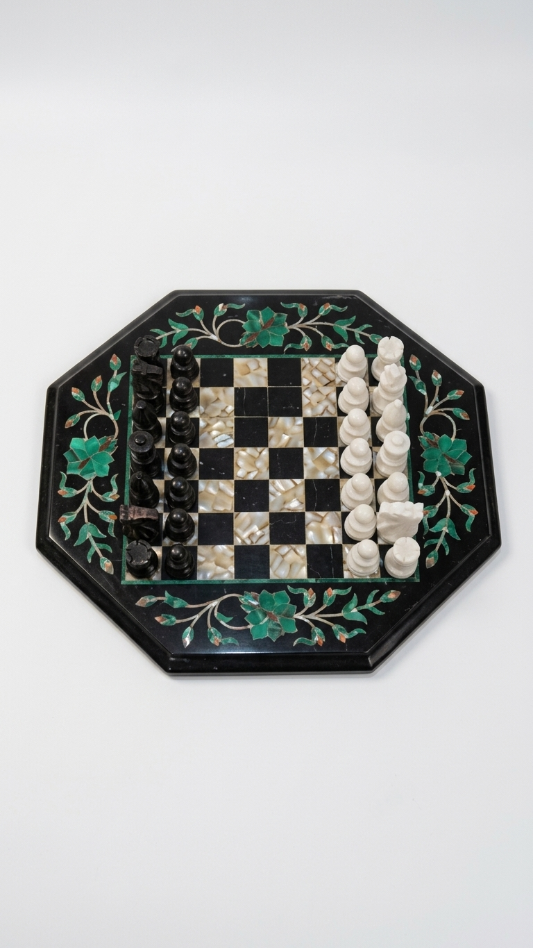 Octagonal Marble Inlay Chess Board Set With Pieces