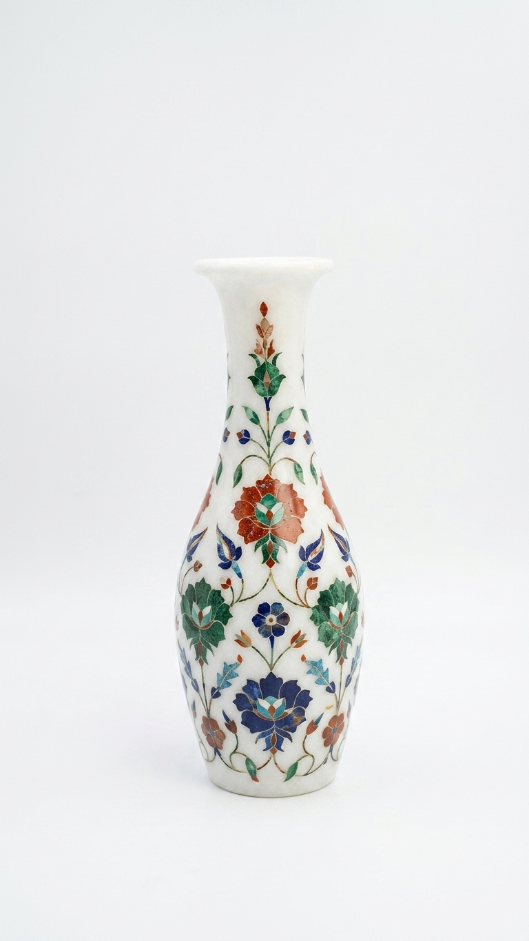 Luxury Marble Inlay Vase with Handcrafted Floral Pattern
