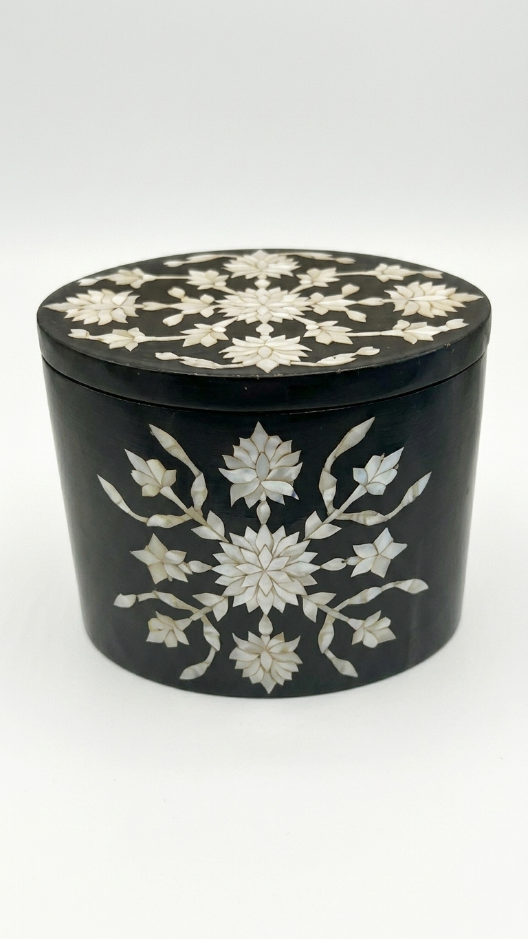 Handcrafted Black Marble Jewelry Box with Floral Inlay