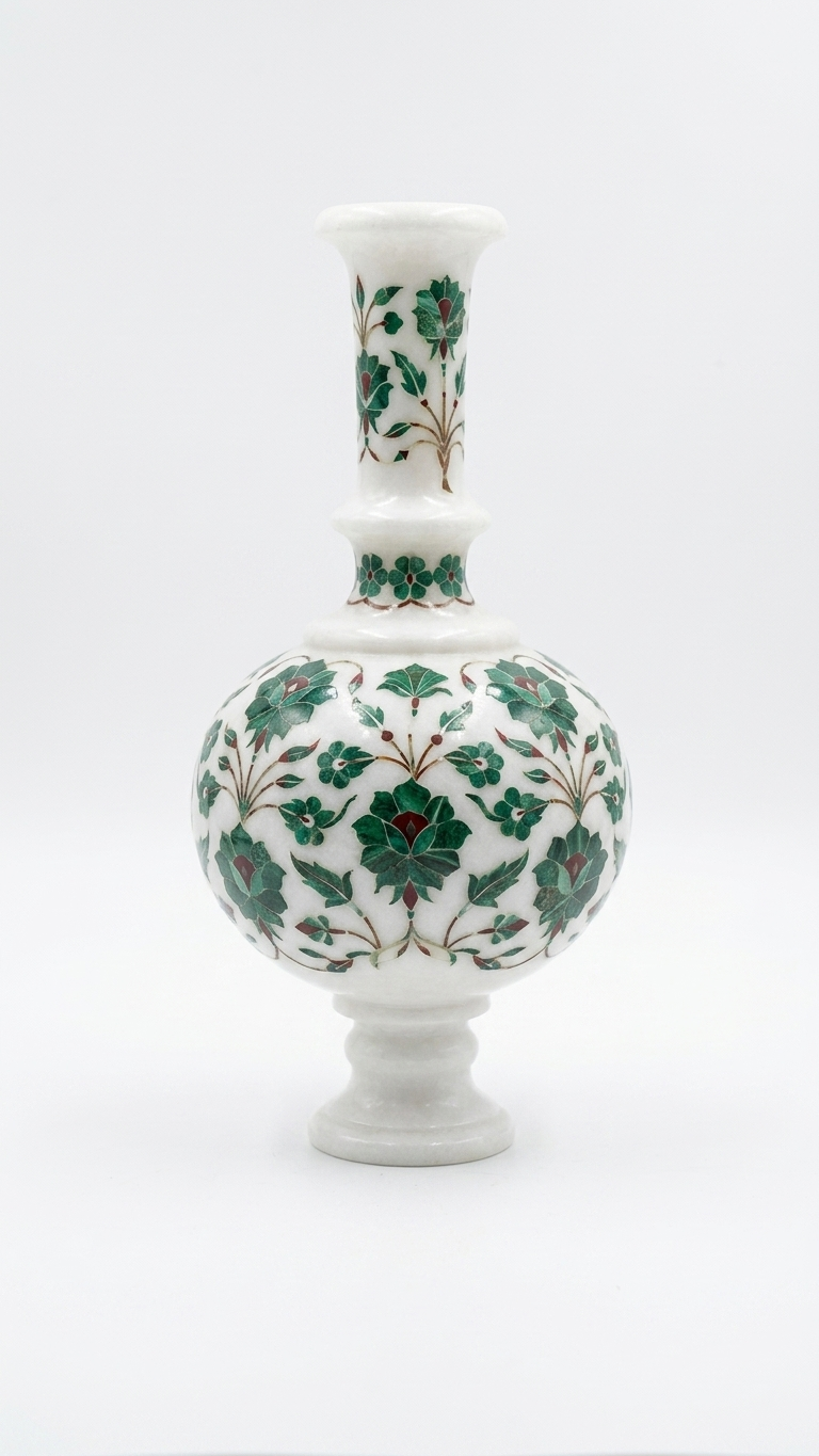 Handmade Marble Inlay Decorative Vase With Green Floral Design