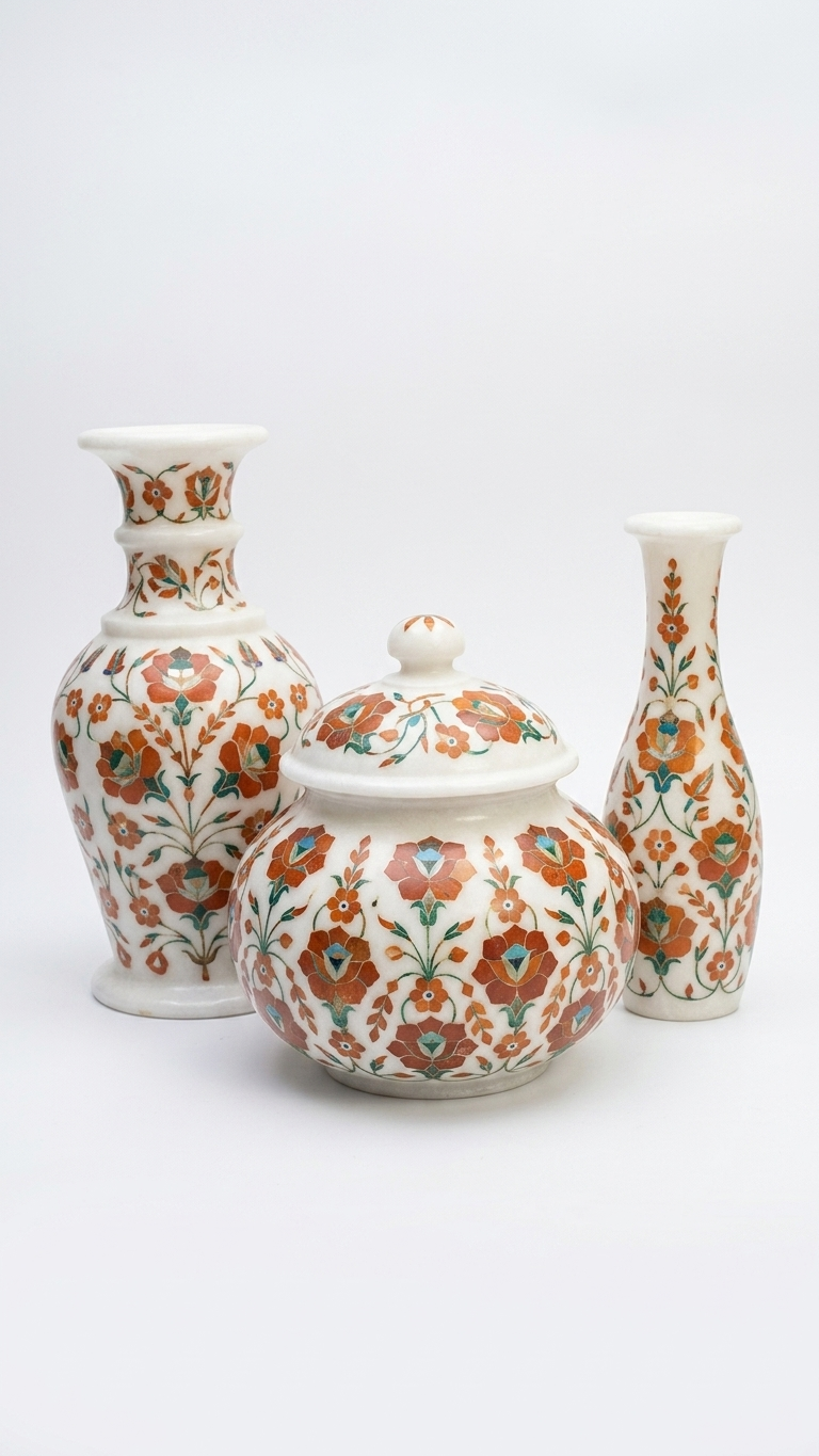 Marble Inlay Tea Set With Decorative Tray
