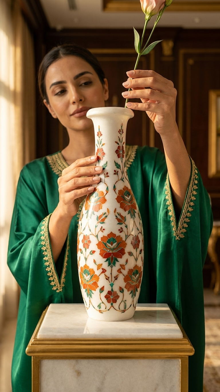Elegant Marble Inlay Vase with Floral Stone Art