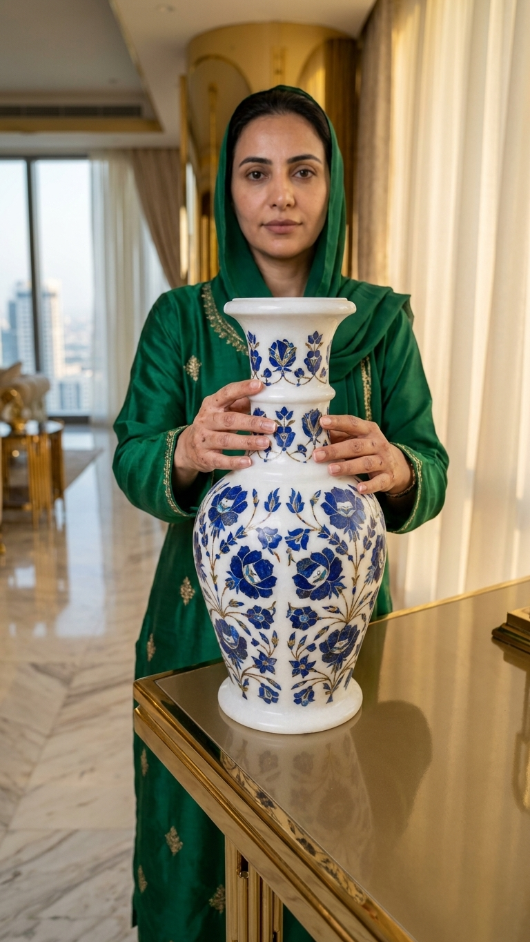 Handmade Marble Inlay Accent Vase with Floral Motif