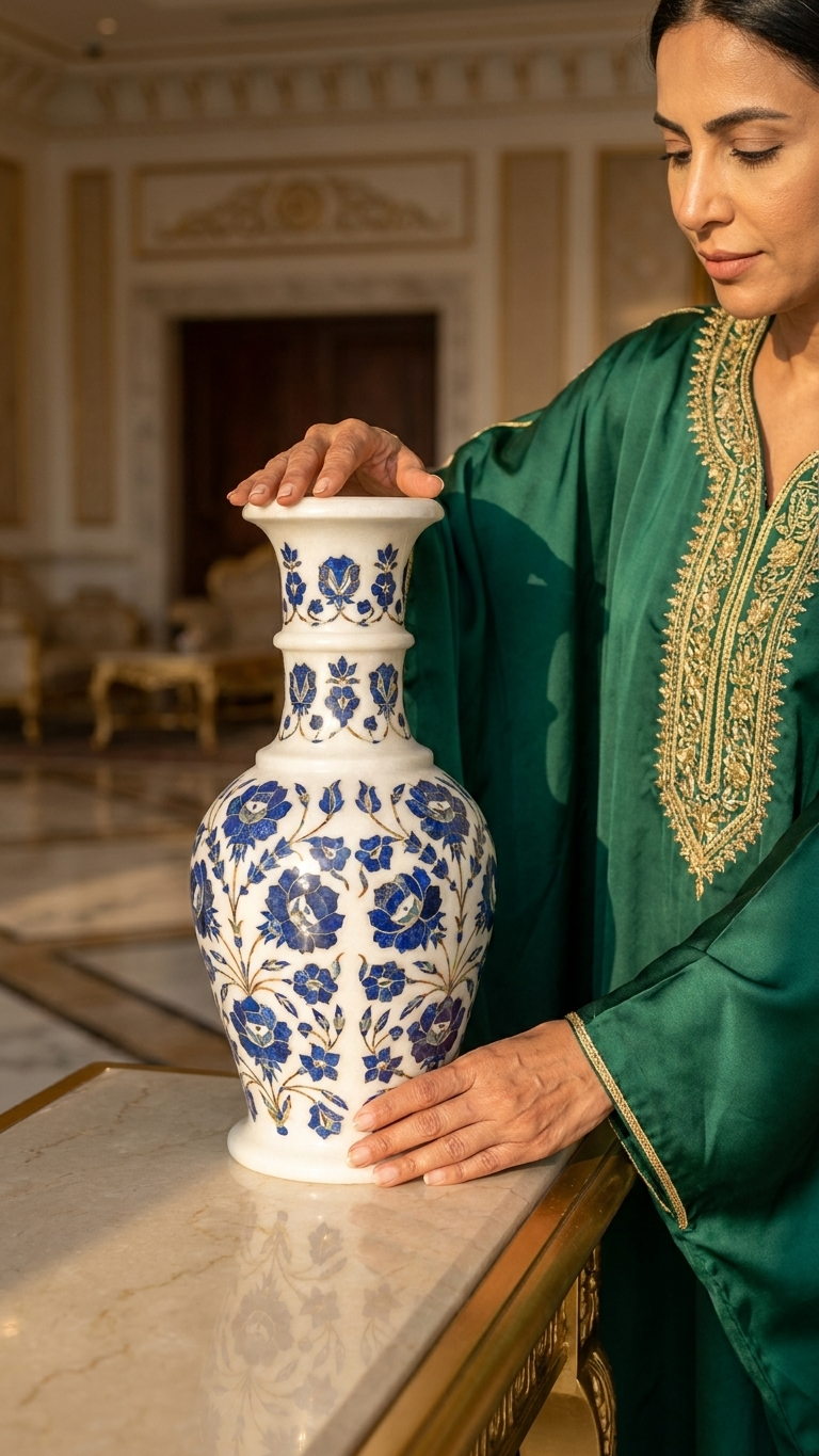 Handmade Marble Inlay Decorative Vase With Floral Design
