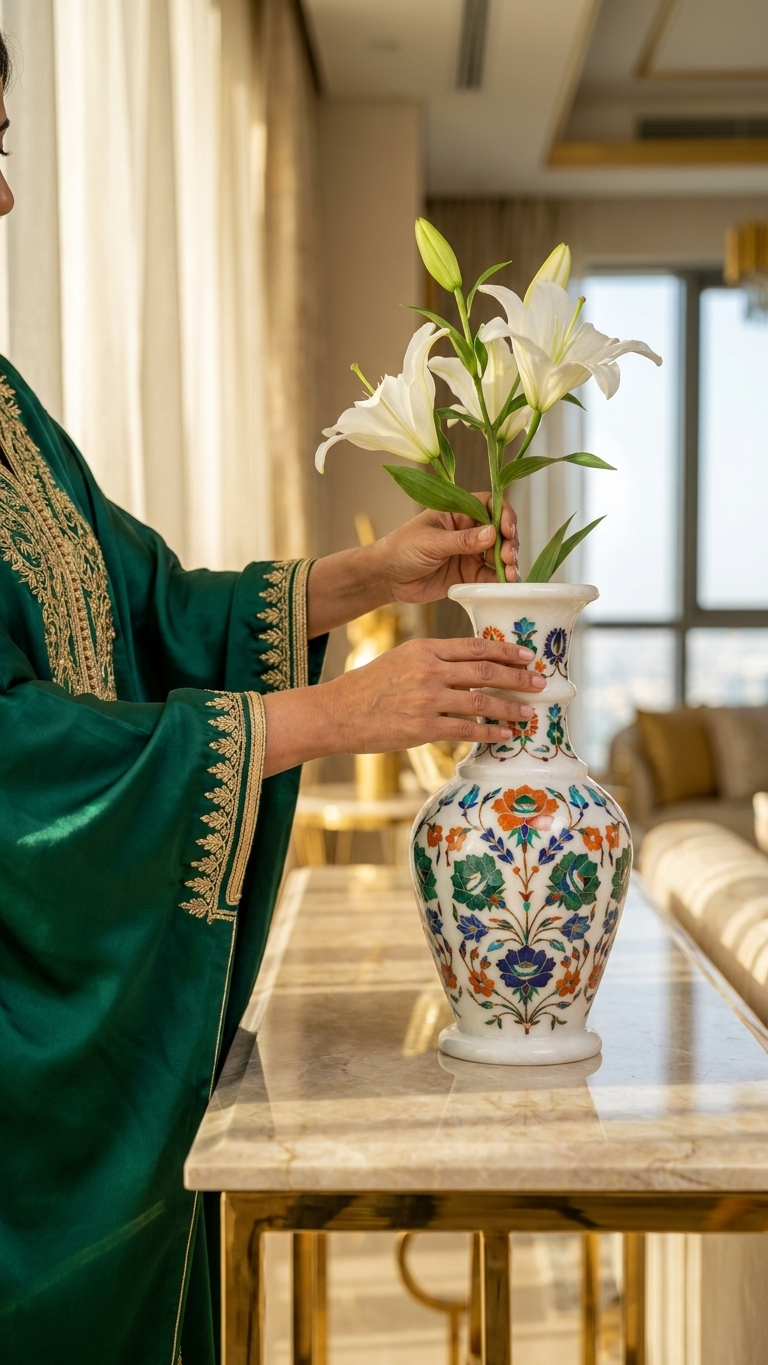 Luxury Marble Inlay Decorative Vase with Floral Art Design
