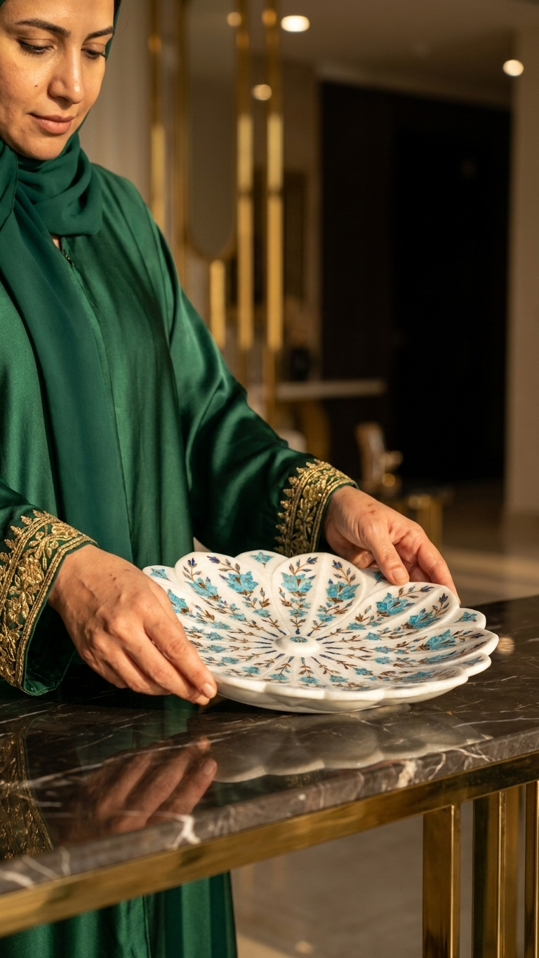 Premium Marble Decorative Plate with Blue Floral Inlay