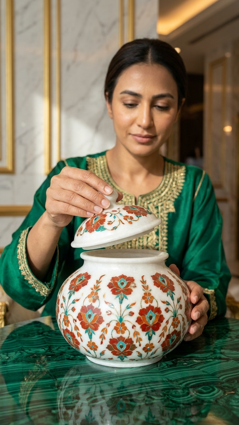 Luxury Marble Inlay Decorative Jar with Lid