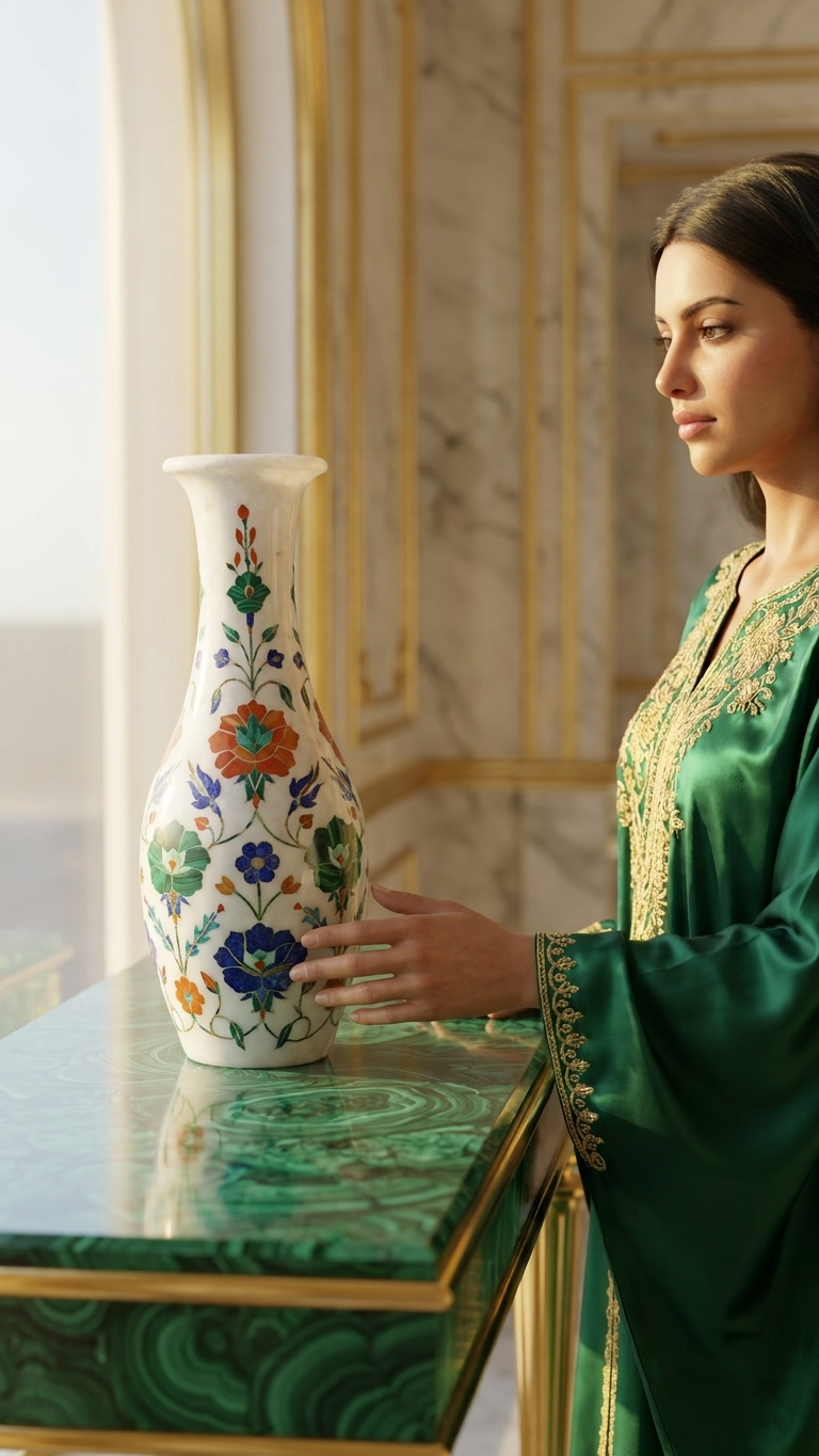 Luxury Marble Inlay Vase with Handcrafted Floral Pattern