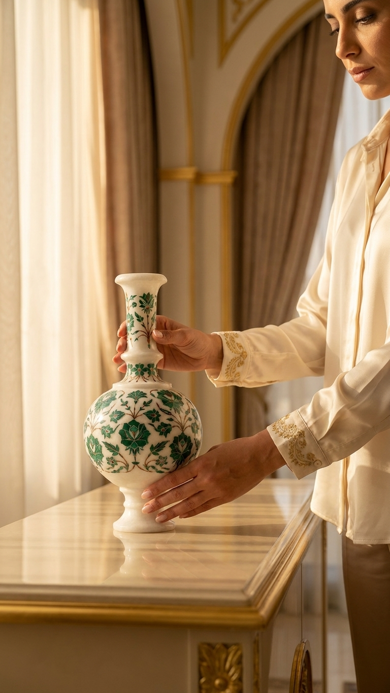 Handmade Marble Inlay Decorative Vase With Green Floral Design