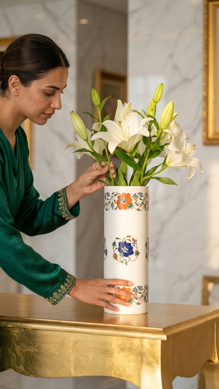 Handmade Marble Inlay Decorative Vase With Beautiful Floral Design