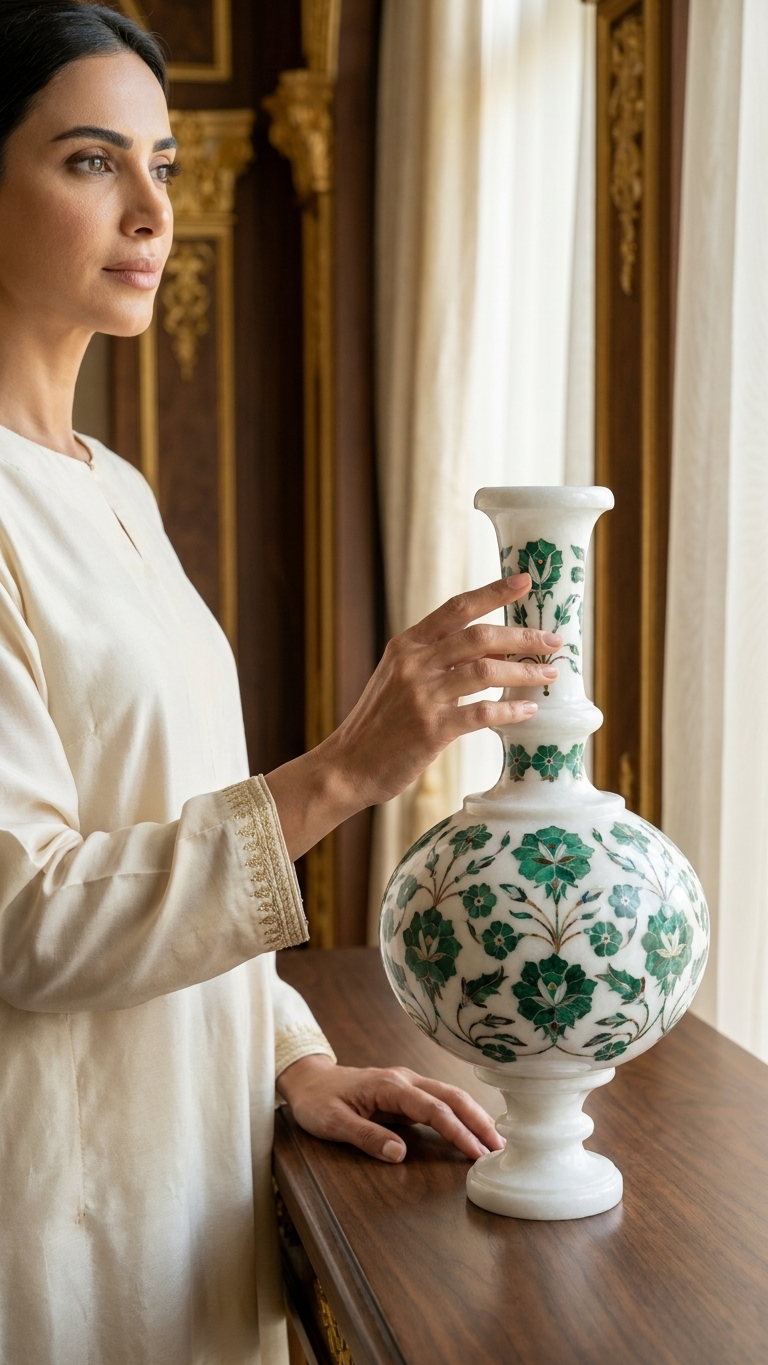 Luxury Handcrafted Marble Inlay Vase with Green Floral Stone Art