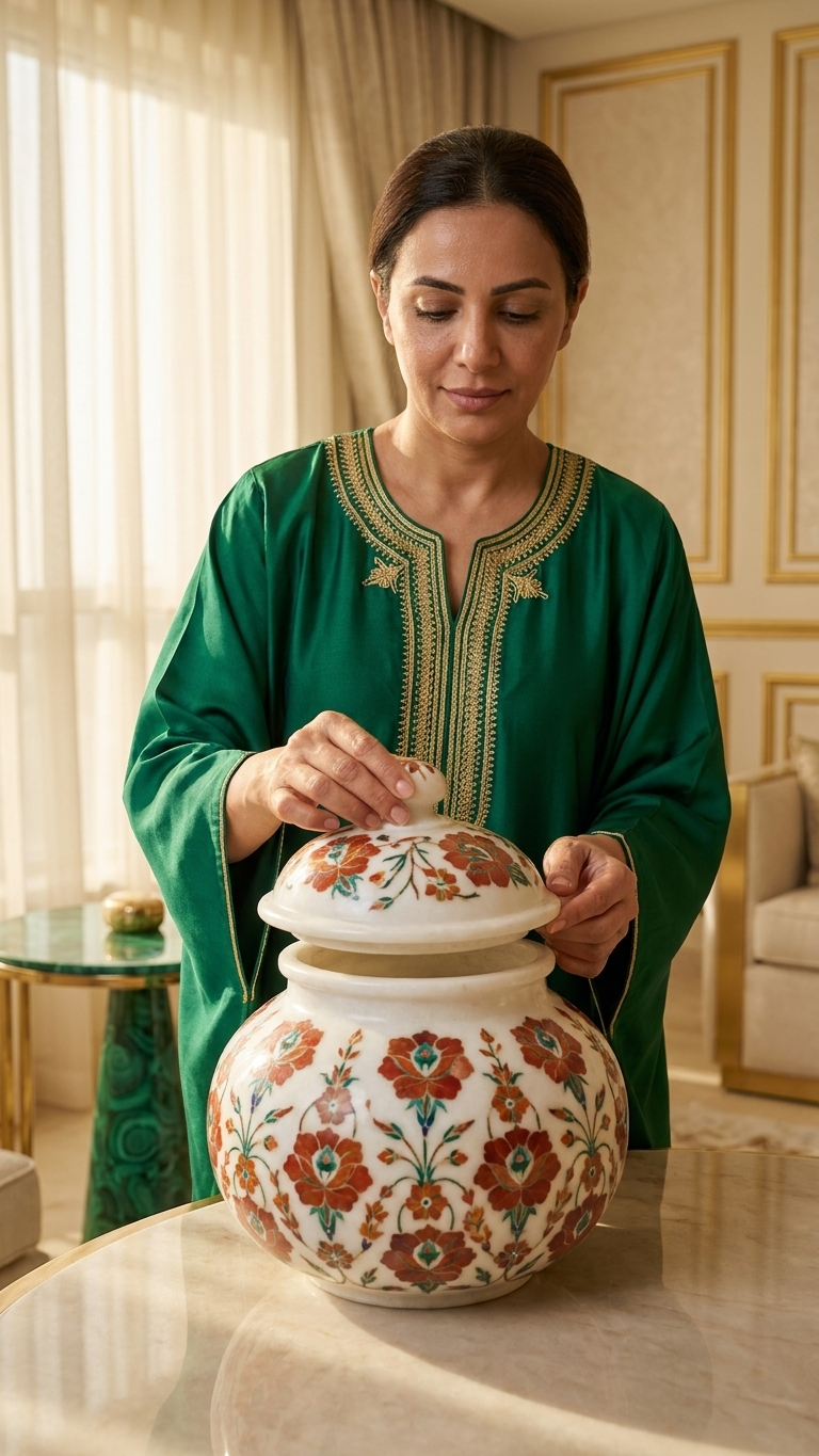 Marble Inlay Tea Set With Decorative Tray