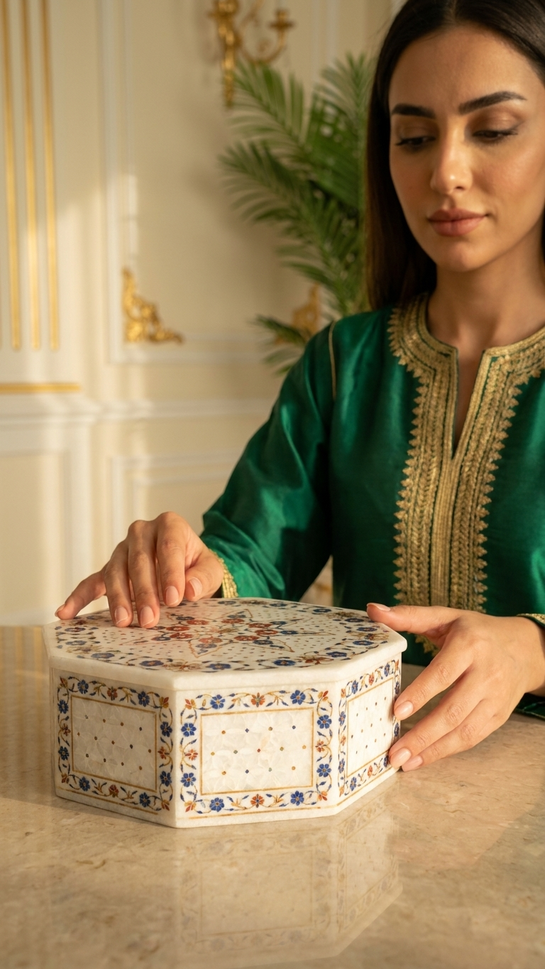 Luxury Round Marble Inlay Jewelry Box with Multicolor Floral Art Design