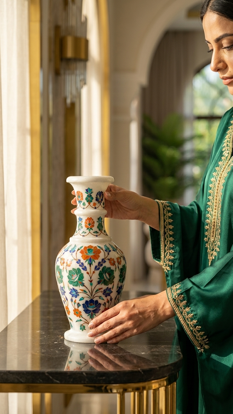 Handmade Marble Inlay Decorative Vase With Floral Design