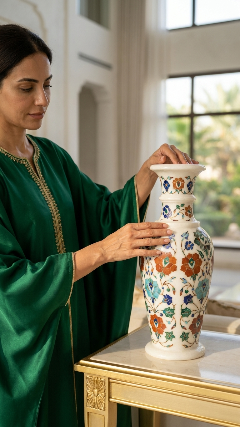 Handmade Marble Inlay Decorative Vase With Floral Design