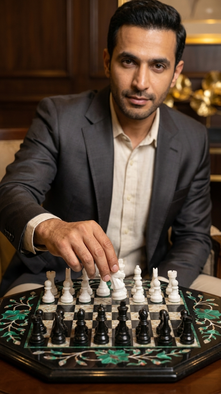 Octagonal Marble Inlay Chess Board Set With Pieces