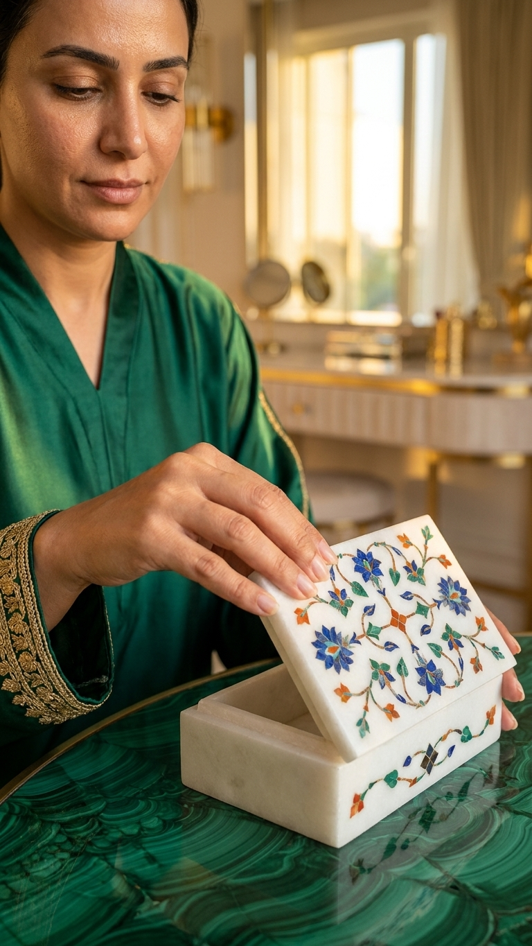 Premium Marble Inlay Jewelry Box with Handcrafted Floral Pattern