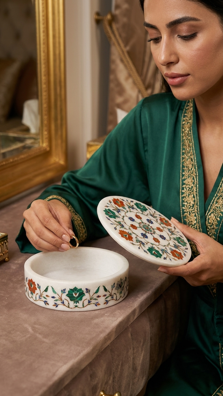 Luxury Round Marble Inlay Jewelry Box with Multicolour Floral Art Design
