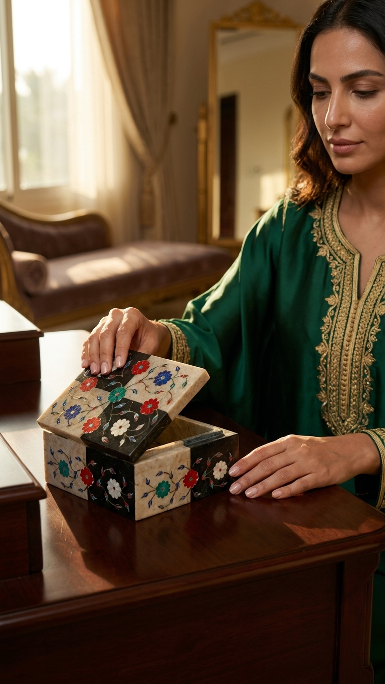Luxury Rectangular Marble Inlay Jewelry Box with Multicolor Floral Art Design
