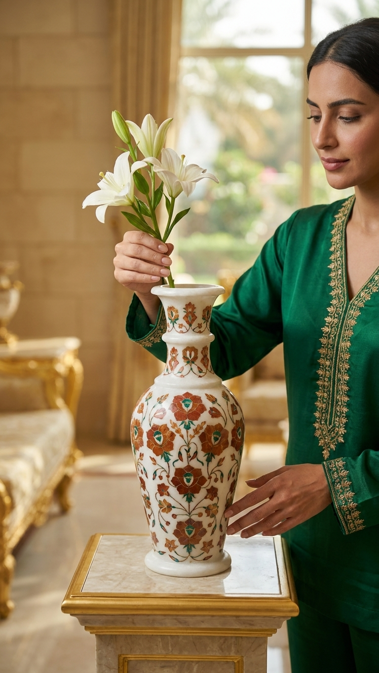 Designer Marble Inlay Decorative Vase with Floral Detailing