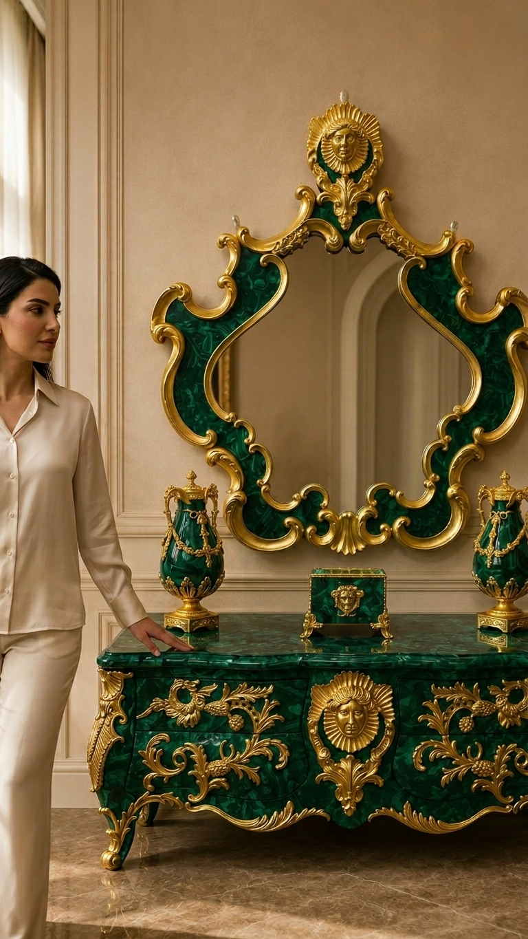 Luxury Malachite Console Cabinet with Gold Mirror | Handmade Designer Furniture