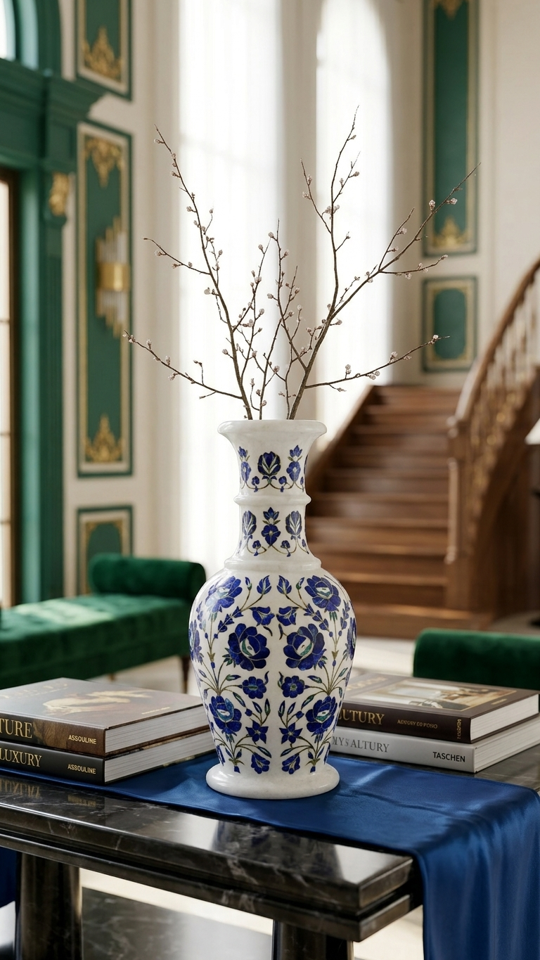 Handmade Marble Inlay Accent Vase with Floral Motif