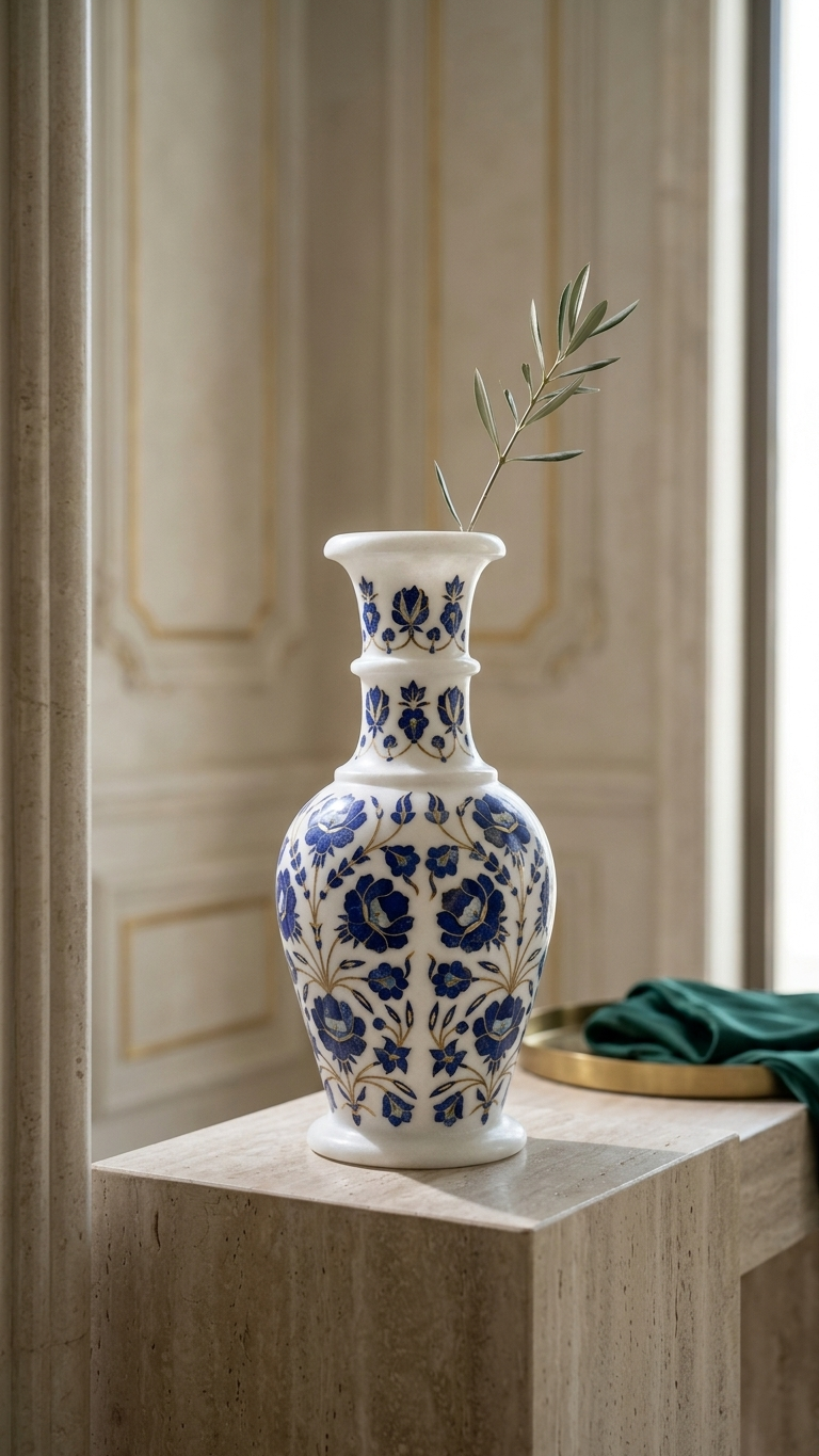 Handmade Marble Inlay Decorative Vase With Floral Design