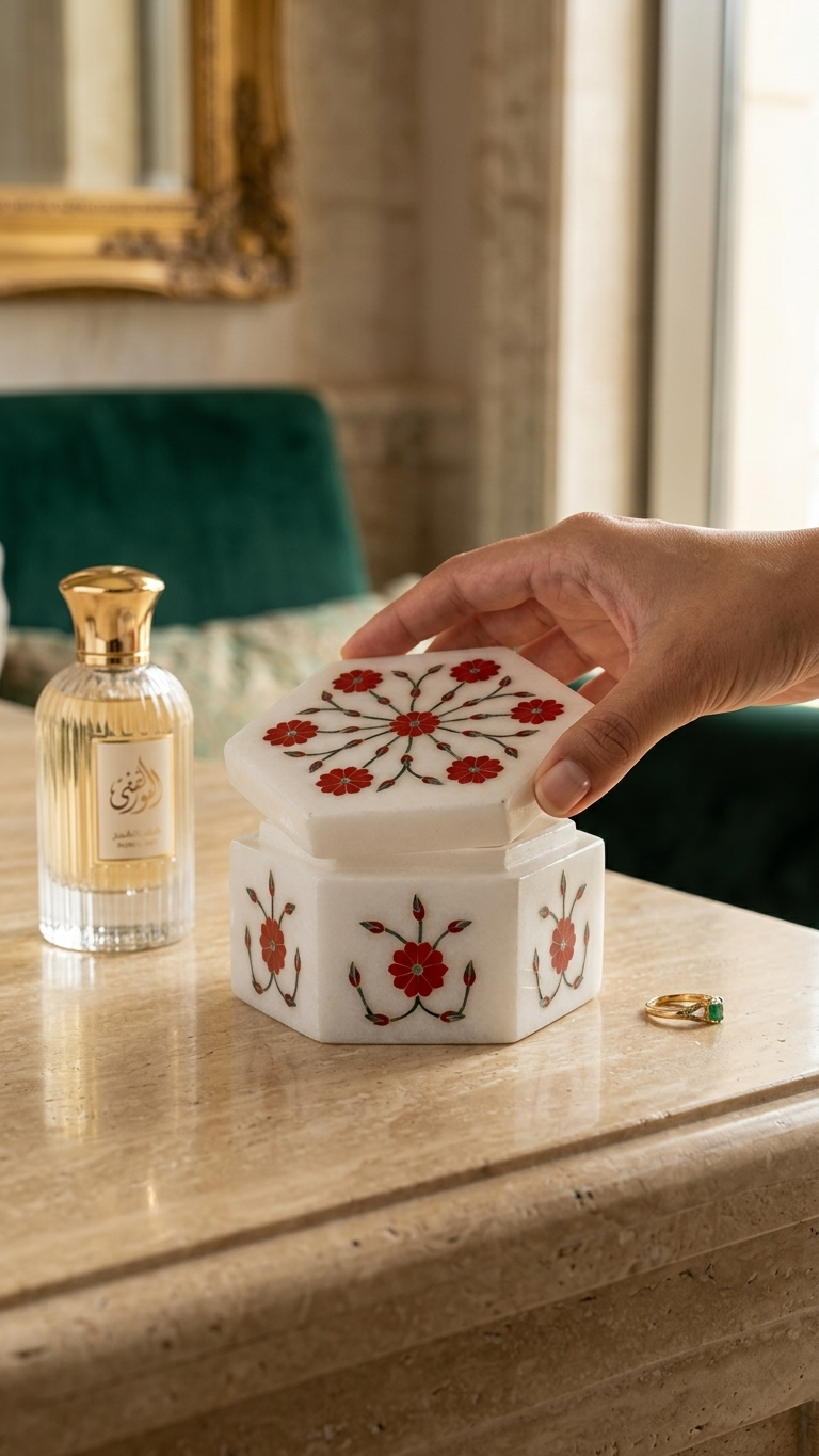 Luxury White Marble Inlay Jewelry Box with Red Floral Art Design