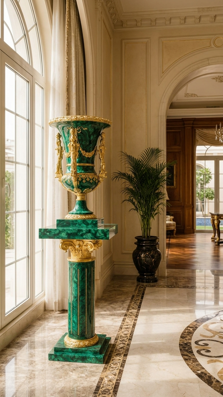 Luxury Malachite Urn Vase with Pedestal | Handmade Decorative Vase