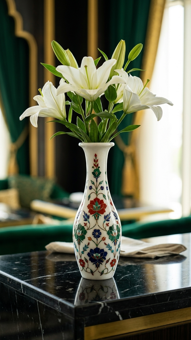 Luxury Marble Inlay Vase with Handcrafted Floral Pattern