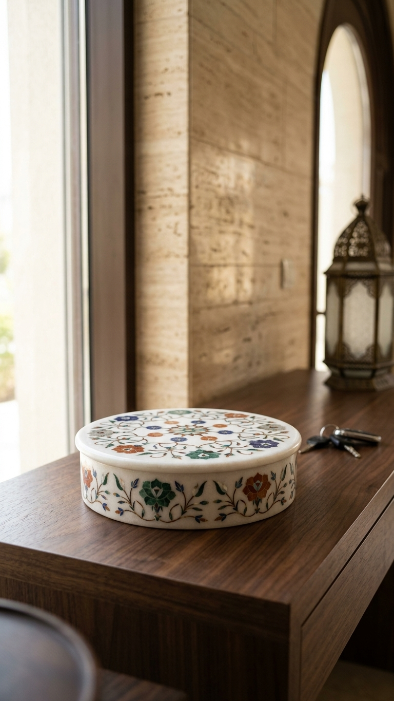 Luxury Round Marble Inlay Jewelry Box with Floral Art Design