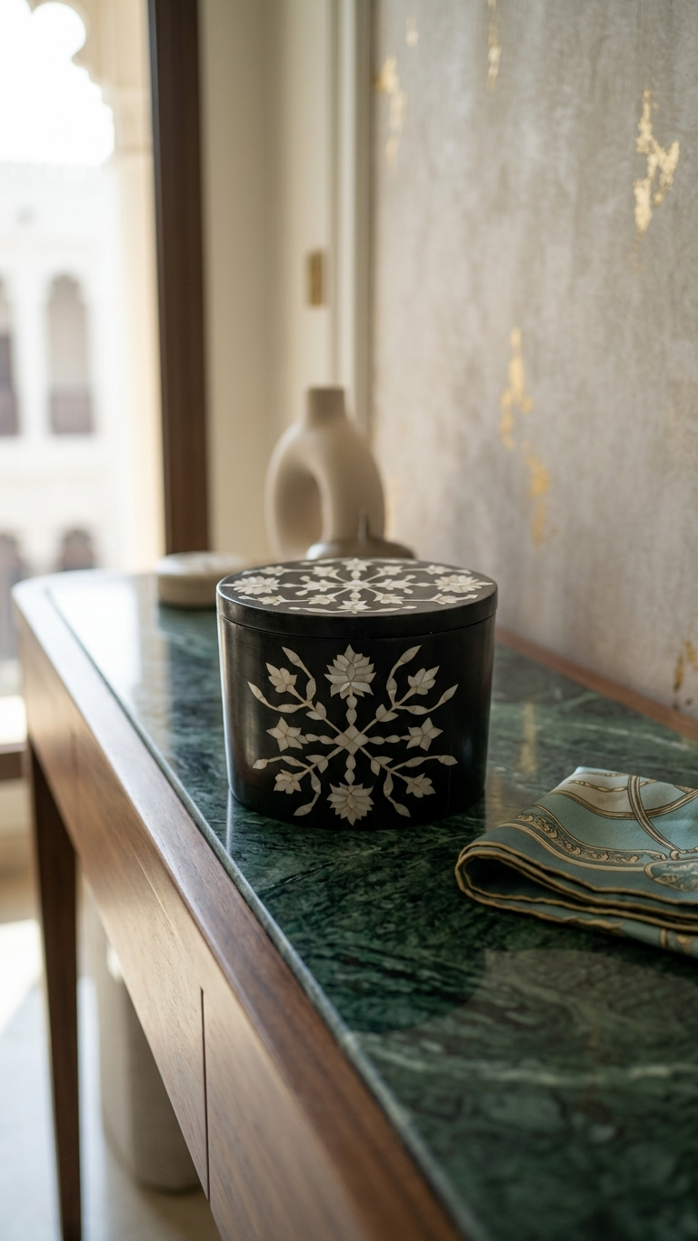 Handcrafted Black Marble Jewelry Box with Floral Inlay