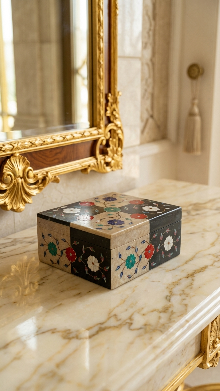 Luxury Rectangular Marble Inlay Jewelry Box with Multicolor Floral Art Design