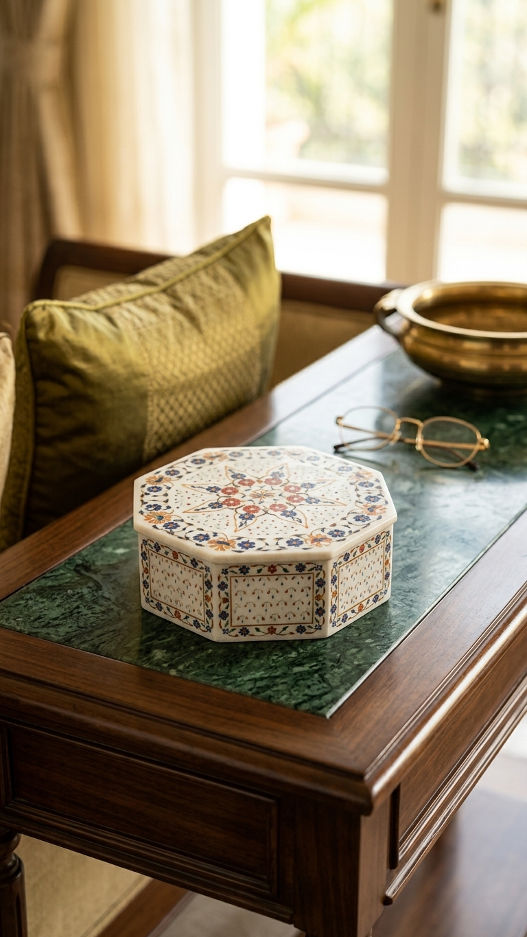Luxury Round Marble Inlay Jewelry Box with Multicolor Floral Art Design