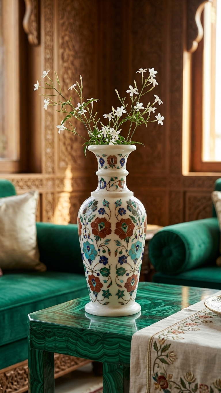 Handmade Marble Inlay Decorative Vase With Floral Design
