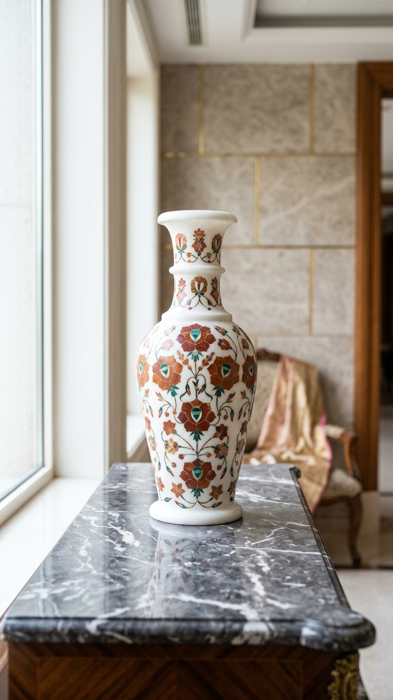 Designer Marble Inlay Decorative Vase with Floral Detailing