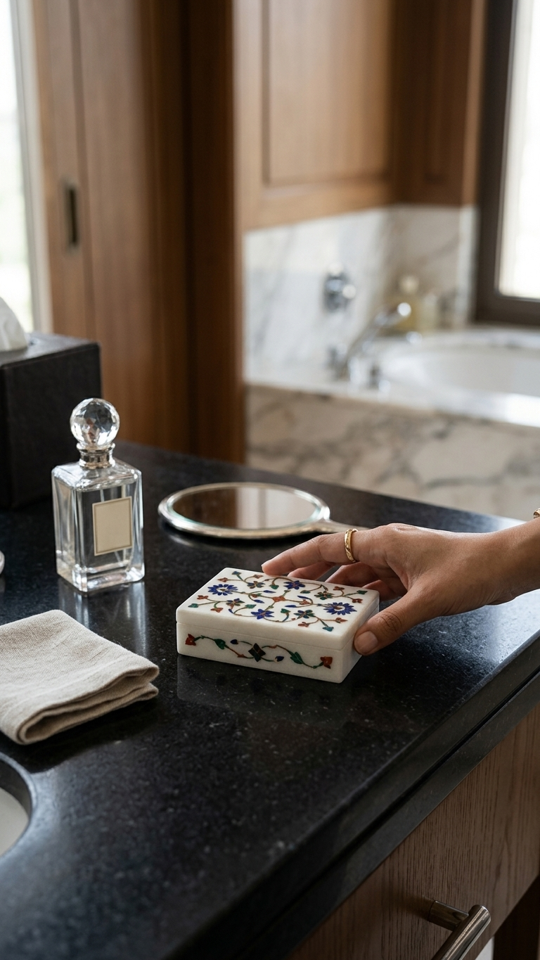 Premium Marble Inlay Jewelry Box with Handcrafted Floral Pattern