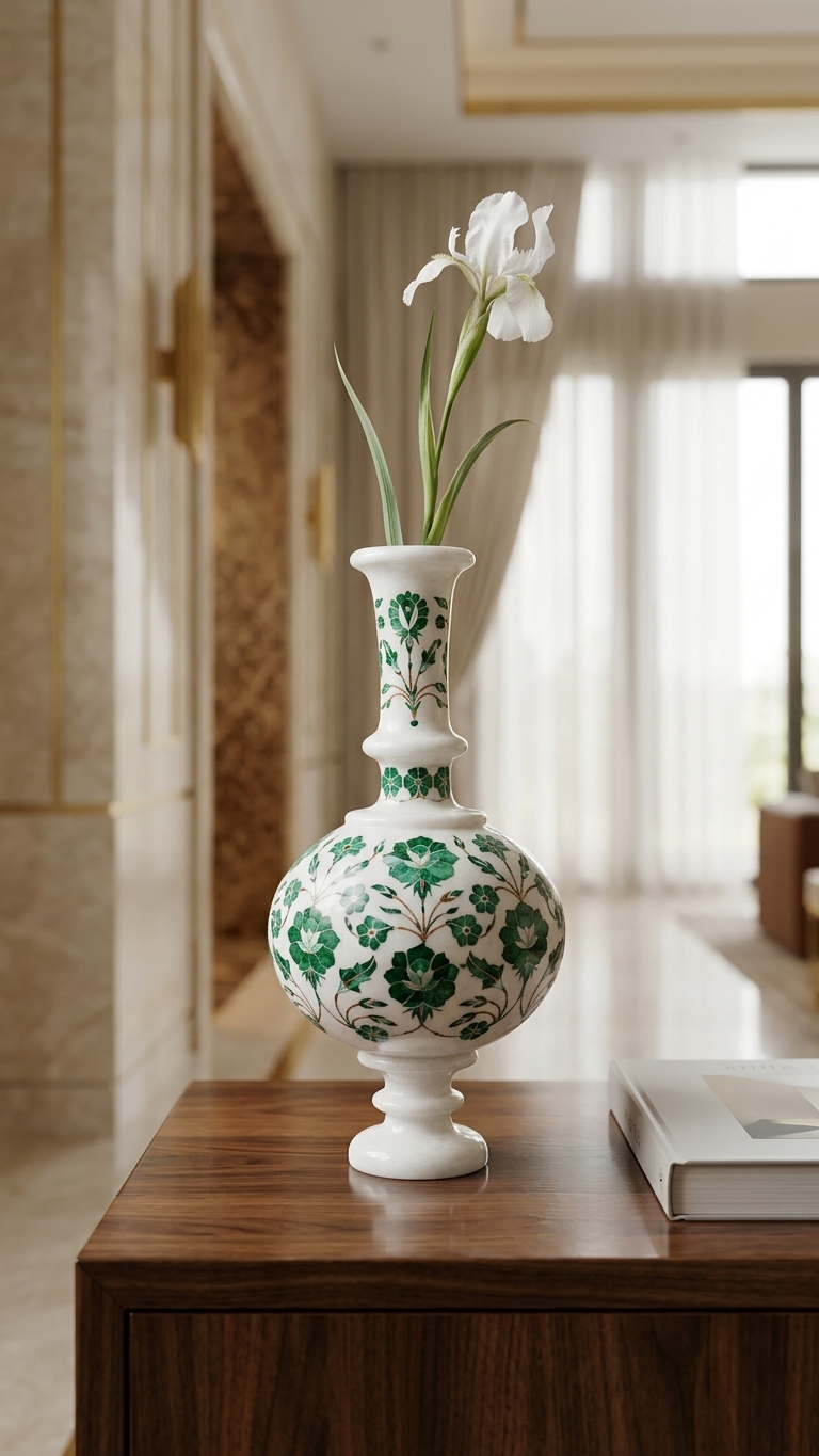 Luxury Handcrafted Marble Inlay Vase with Green Floral Stone Art