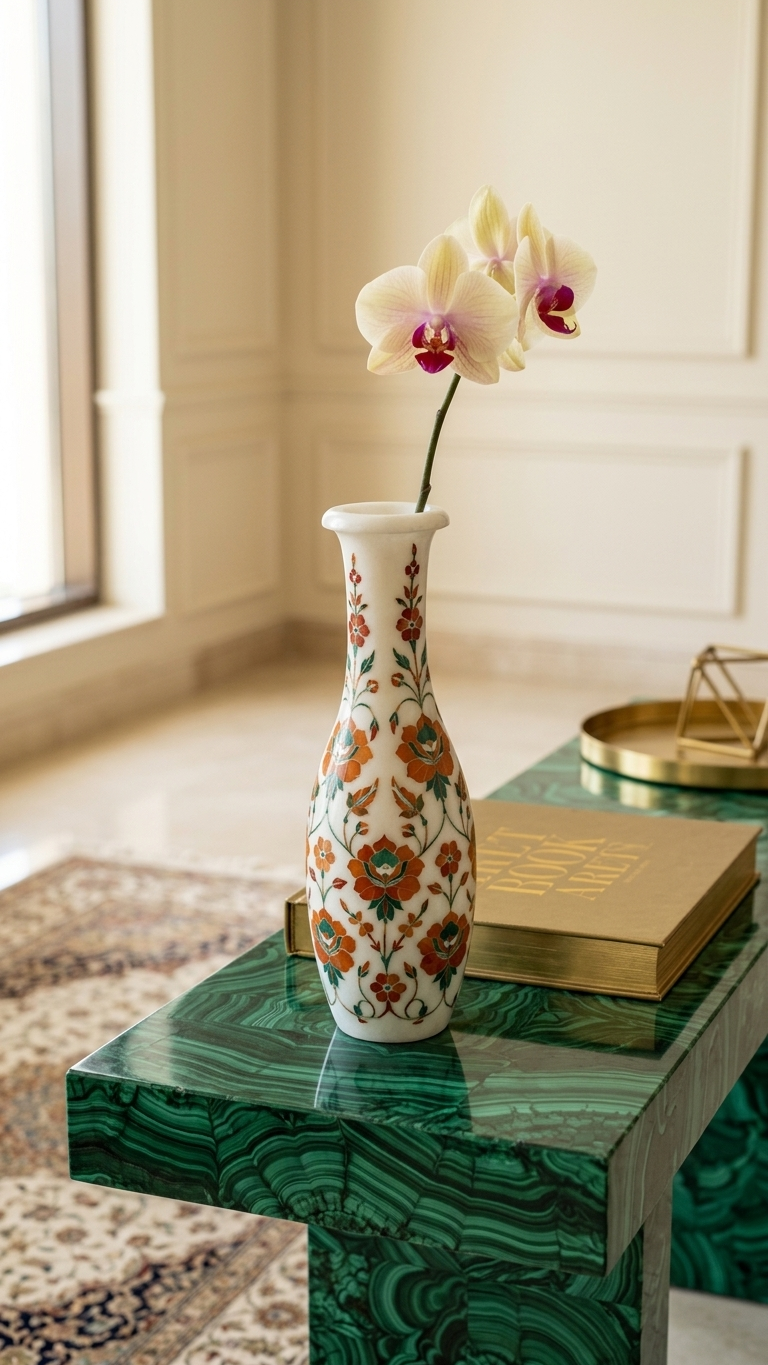 Elegant Marble Inlay Vase with Floral Stone Art