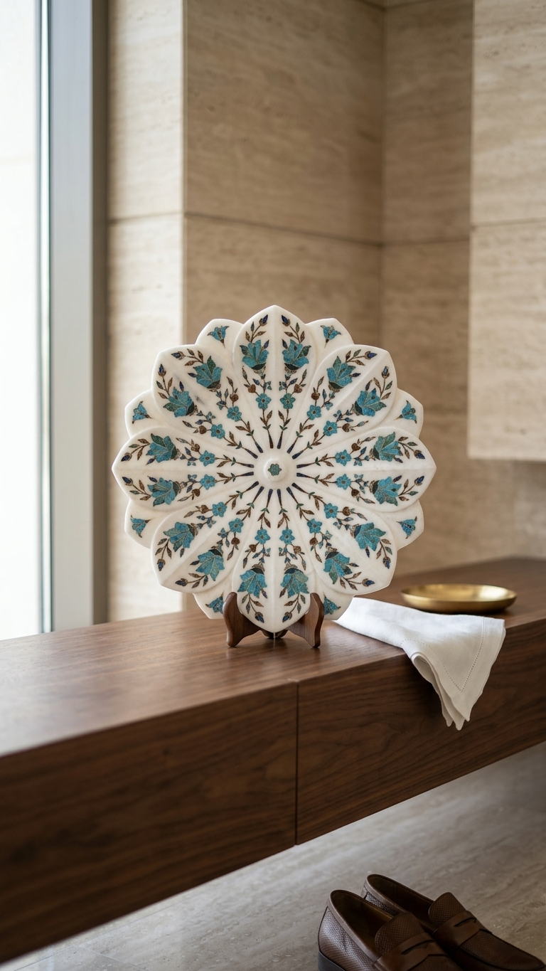 Premium Marble Decorative Plate with Blue Floral Inlay