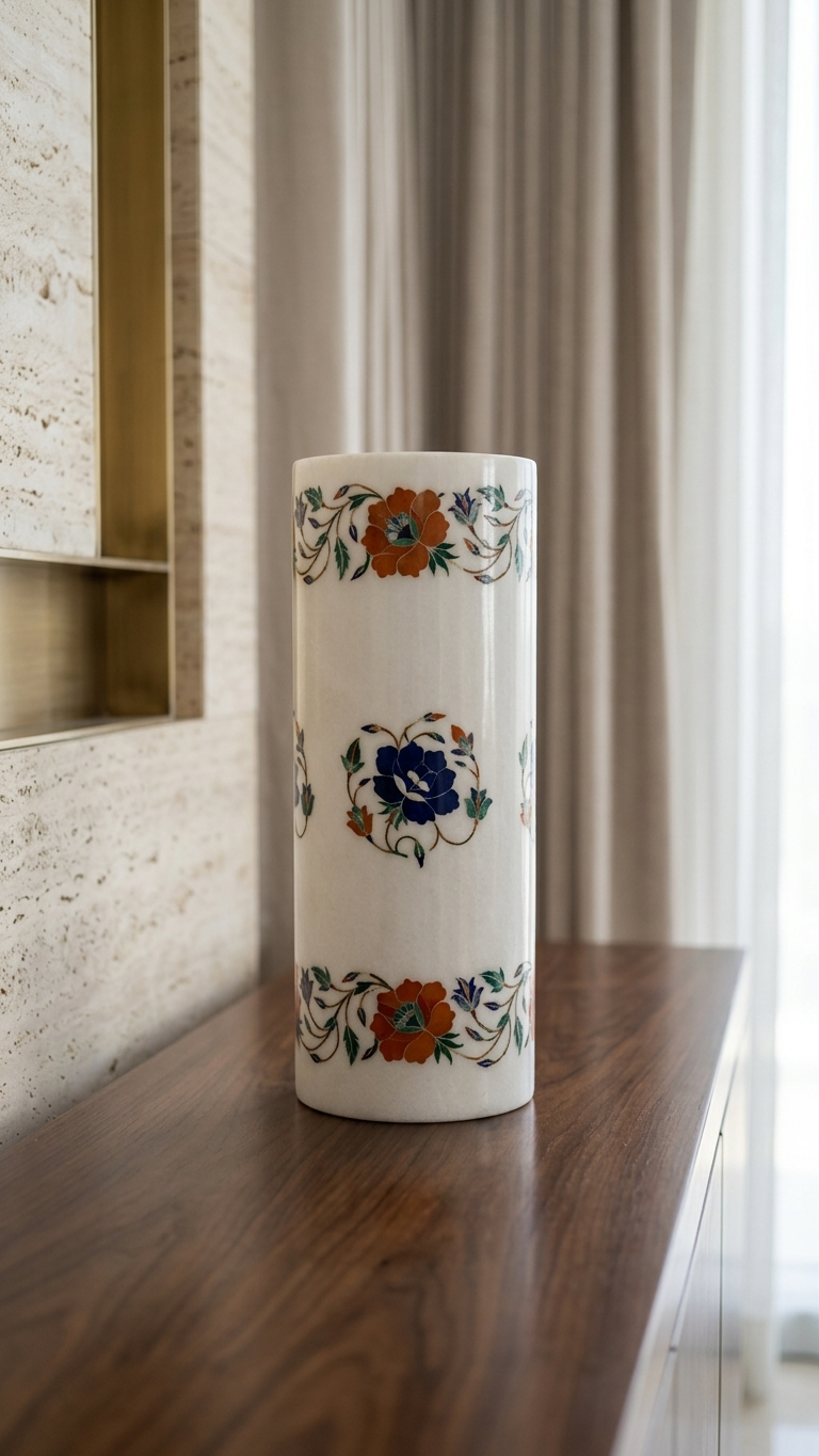 Handmade Marble Inlay Decorative Vase With Beautiful Floral Design