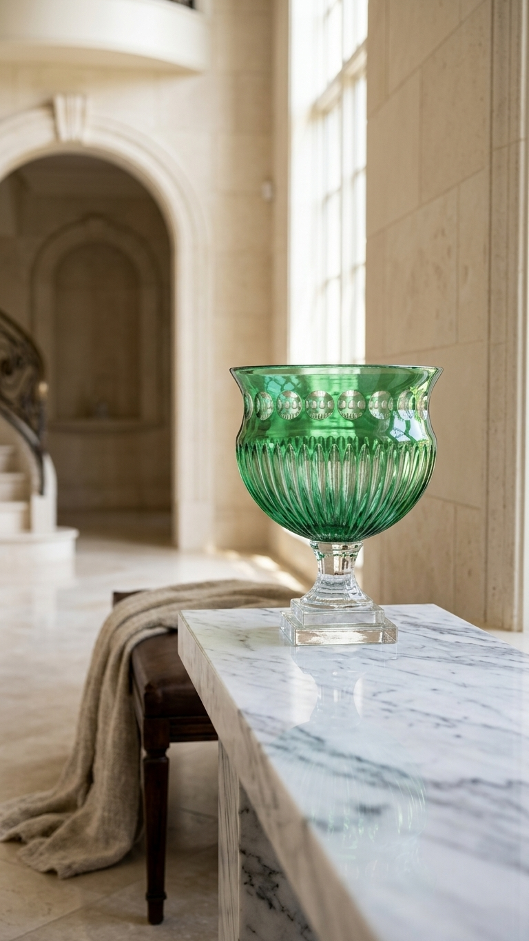 Green Glass Decorative Bowl on Stand